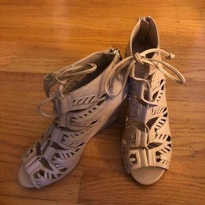 Nude lace up wedges